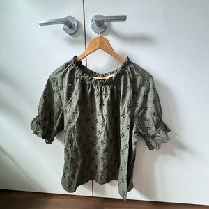 Olive Eyelet Peasant Top